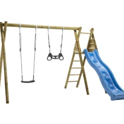 Keinuteline Nordic Play, sis. keinuistuin, trapetsikeinu, keinukiinnikket ja sininen liukumäki
