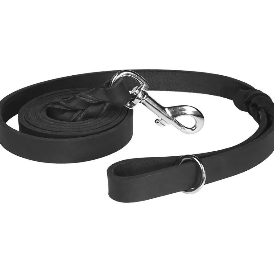 Koiran hihna Pet First FL, rasvanahkaa, punot., musta, kirkas pistoolil., 1.8x180cm