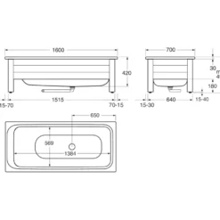 Kylpyamme Gustavsberg, 1600 x 700 mm, Kombi 1604, ilman kehikkoa, glazeplus-pinta, kaksi kädensijaa, valkoinen