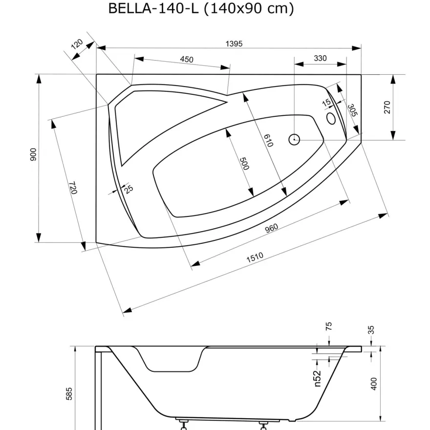 Kylpyamme Interia Bella 140, 165 l, 1400 x 900 mm