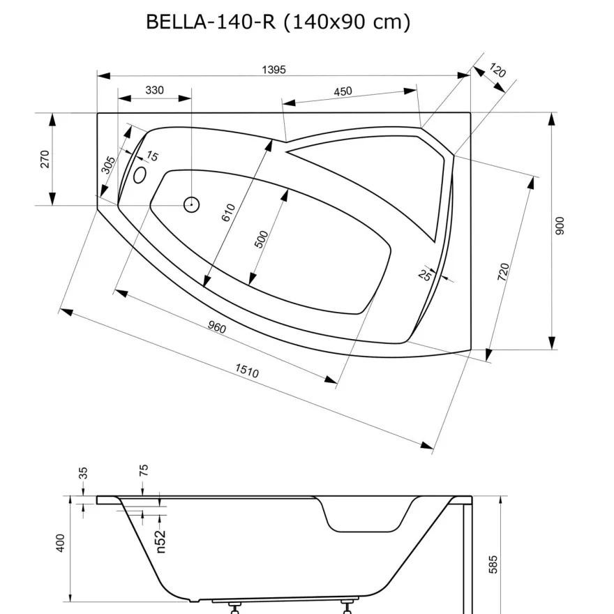 Kylpyamme Interia Bella 140, 165 l, 1400 x 900 mm