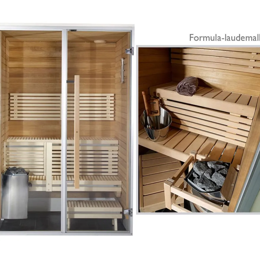 Kylpyhuonesauna Sirius Formula, 1200x1240, eri materiaaleja