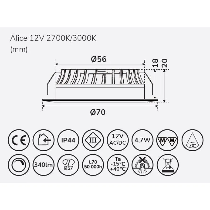 LED-alasvalo Llitt Alice, 12V, 3000K, eri värejä