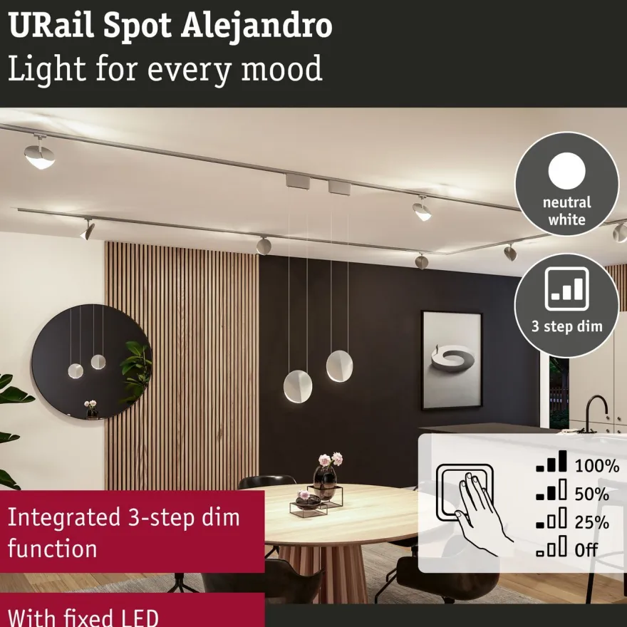 LED-kiskospotti Paulmann URail Alejandro 800lm 10W 3-Step-Dim himmennettävä, eri vaihtoehtoja