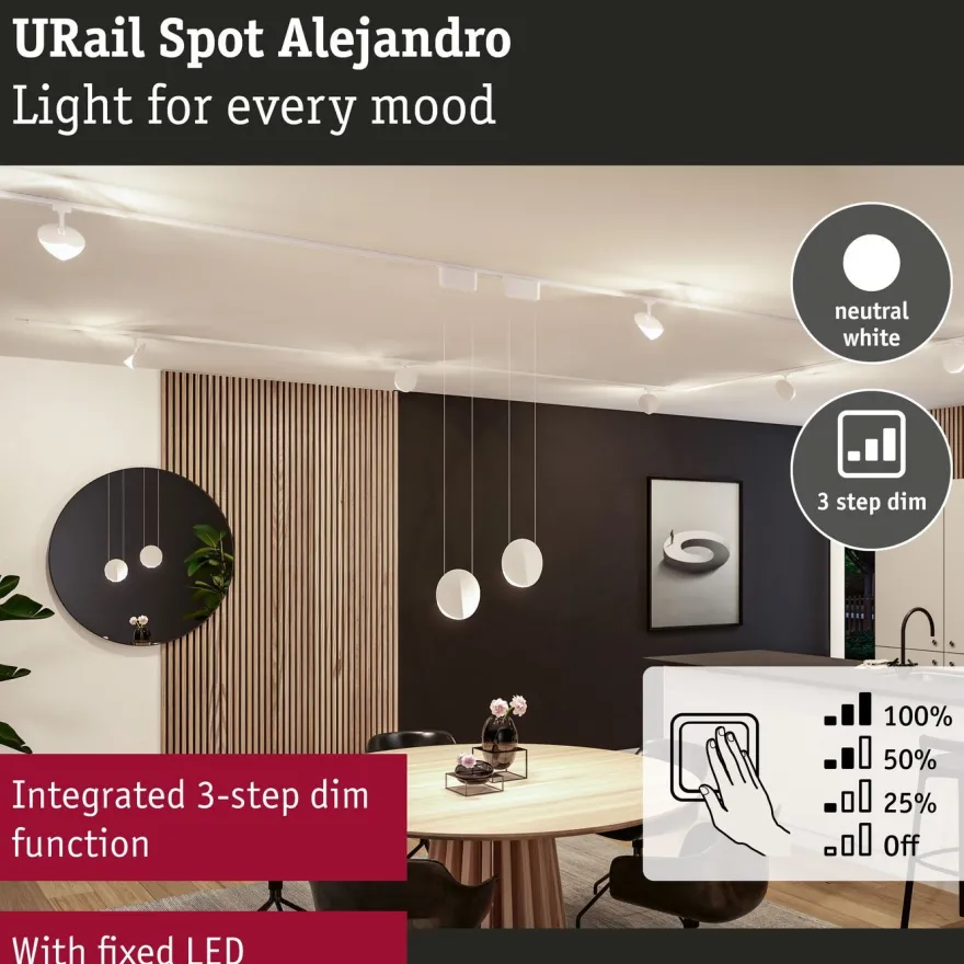 LED-kiskospotti Paulmann URail Alejandro 800lm 10W 3-Step-Dim himmennettävä, eri vaihtoehtoja