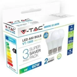 LED-lamppu V-TAC A60 Vt-1900, E27, 10W, 2700K, Ø 60mm, valkoinen, 3 kpl/pkt