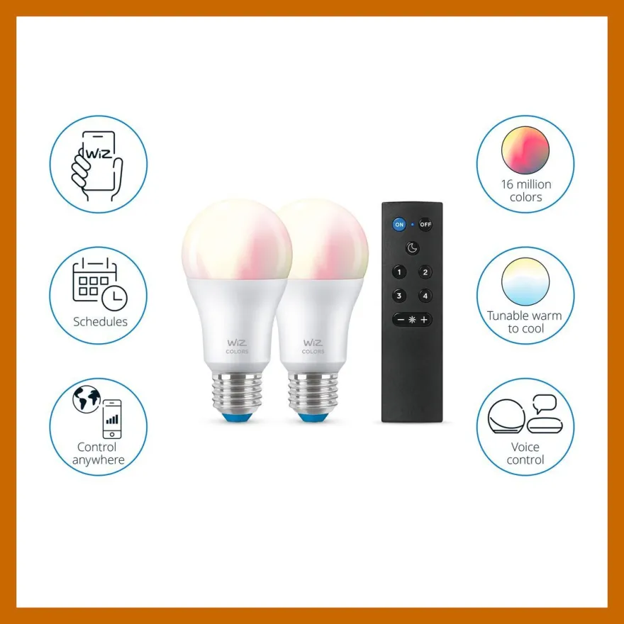 LED-älylamppu Wiz A60 Full Color, Wi-Fi, 60W, E27, RGB, 2kpl + kaukosäädin