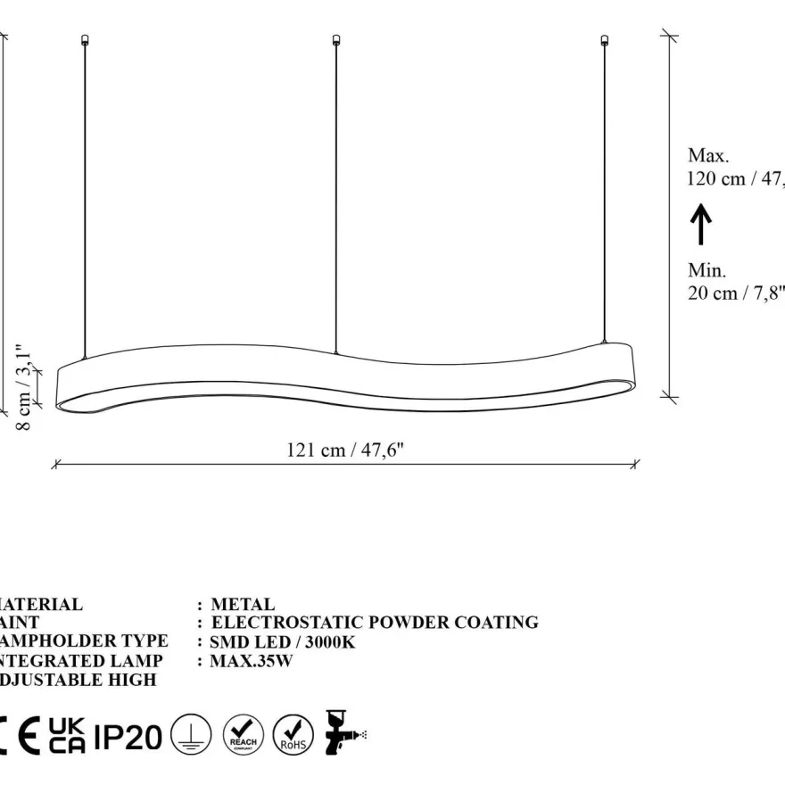 LED-riippuvalaisin Linento Lighting Wave-15505, 121cm, 3000K, musta