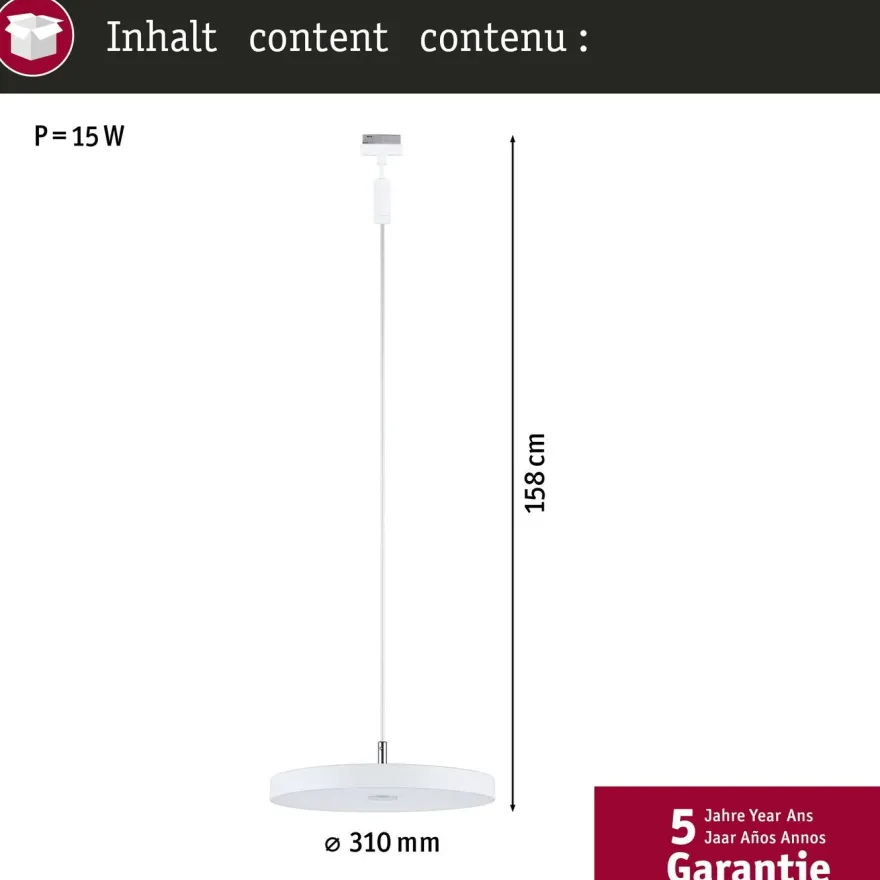 LED-riippuvalaisin Paulmann URail Hildor 850lm 15W 3-Step-Dim himmennettävä valkoinen, eri värilämpötiloja