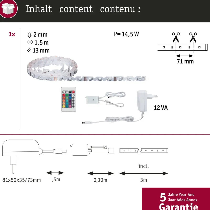 LED-valonauha Paulmann FlexLED 3D, RGB, 36VA, eri kokoja