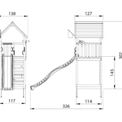 Leikkitorni Jungle Gym Cabin 2.1, liukumäki ja 120 kg hiekkaa