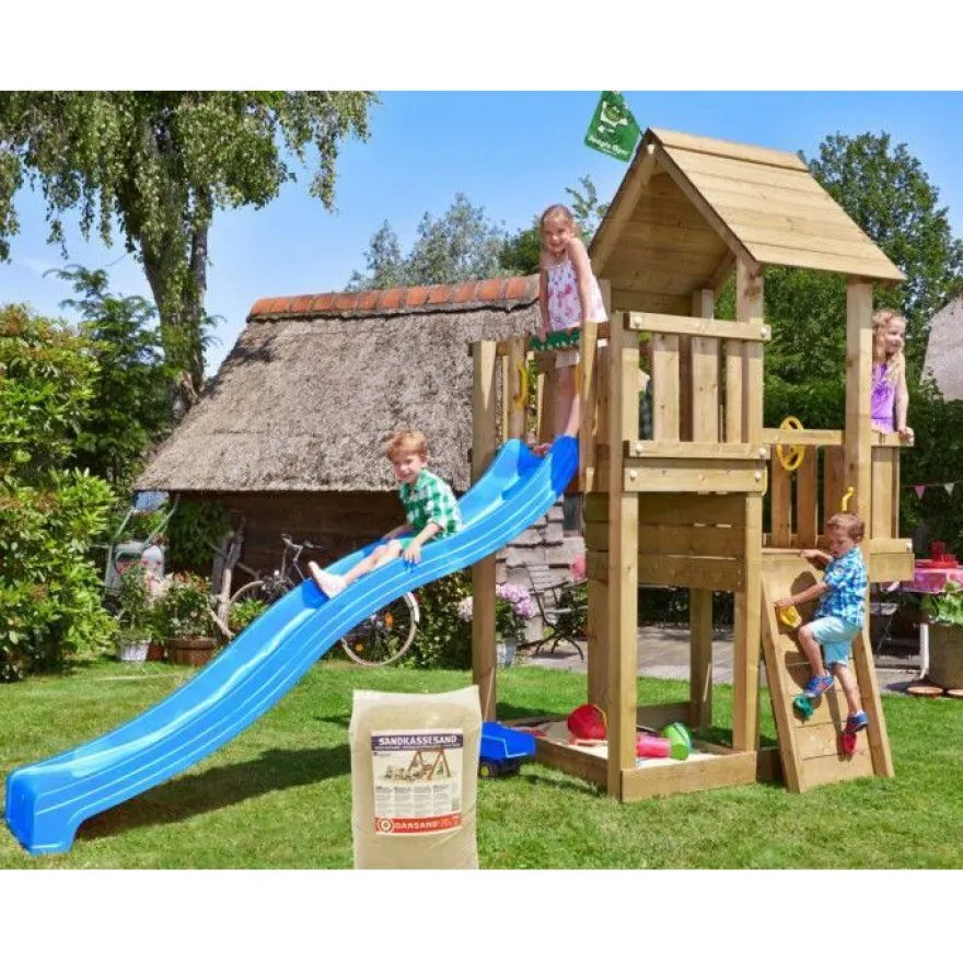 Leikkitornikokonaisuus Jungle Gym Cubby, liukumäki ja 120 kg hiekkaa