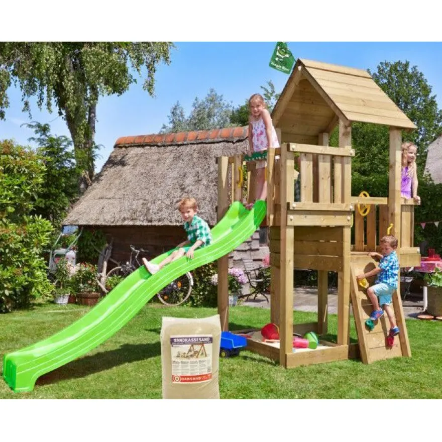 Leikkitornikokonaisuus Jungle Gym Cubby, liukumäki ja 120 kg hiekkaa