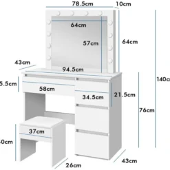 Meikkipöytä valolla Lykke Amelia, 94cm, valkoinen