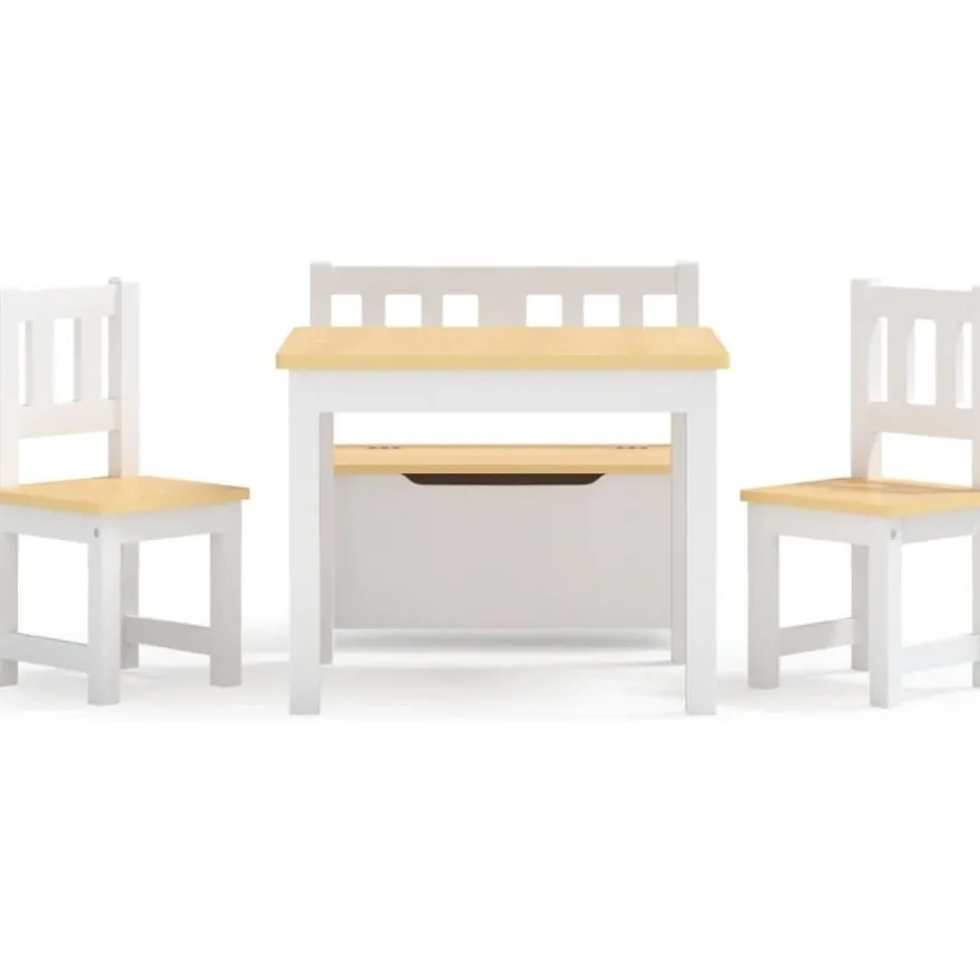 3-osainen lasten pöytä ja tuolisarja säilytyspenkillä, valkoinen ja beige, MDF