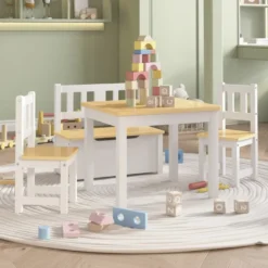 3-osainen lasten pöytä ja tuolisarja säilytyspenkillä, valkoinen ja beige, MDF