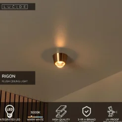 Plafondi Lucide Rigon, Ø9cm, IP20, 7W, kulta