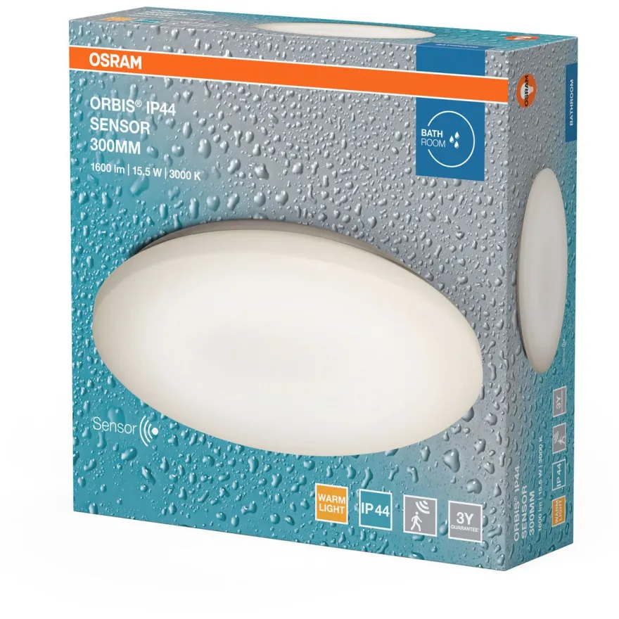 Plafondi Osram Orbis IP44 liiketunnistin 3000K valkoinen, eri kokoja