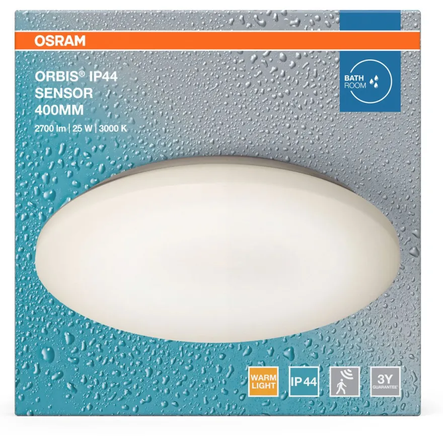 Plafondi Osram Orbis IP44 liiketunnistin 3000K valkoinen, eri kokoja