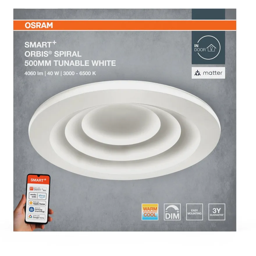 Plafondi Osram Smart+ Matter Spiral White 500mm Tunable White valkoinen