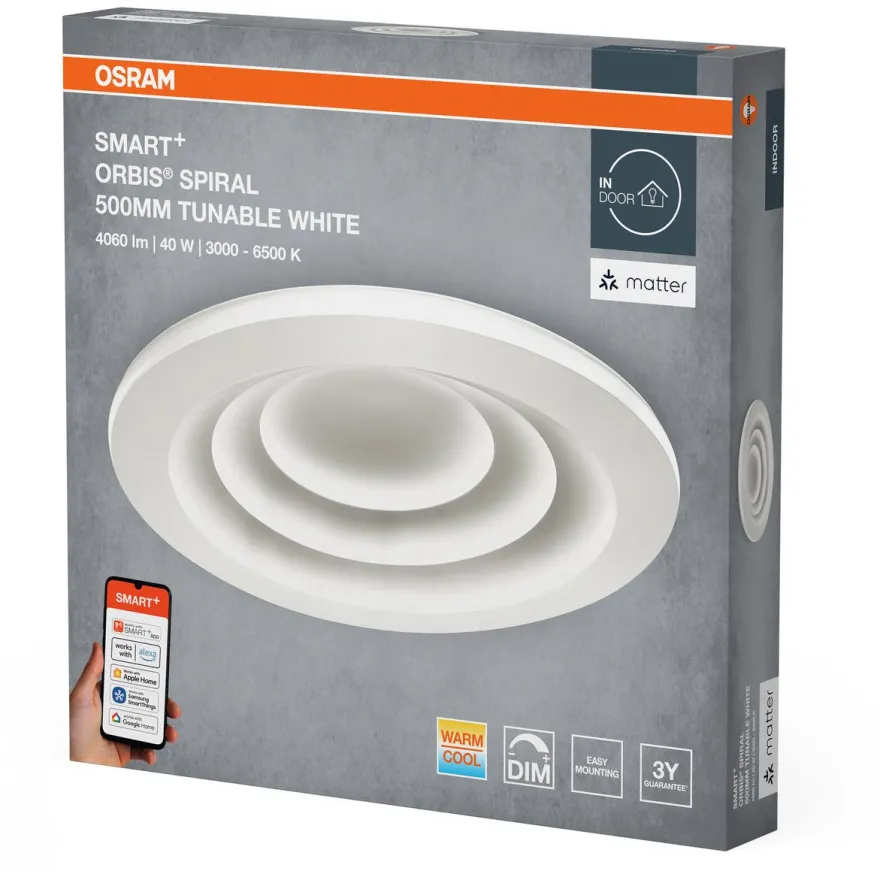 Plafondi Osram Smart+ Matter Spiral White 500mm Tunable White valkoinen