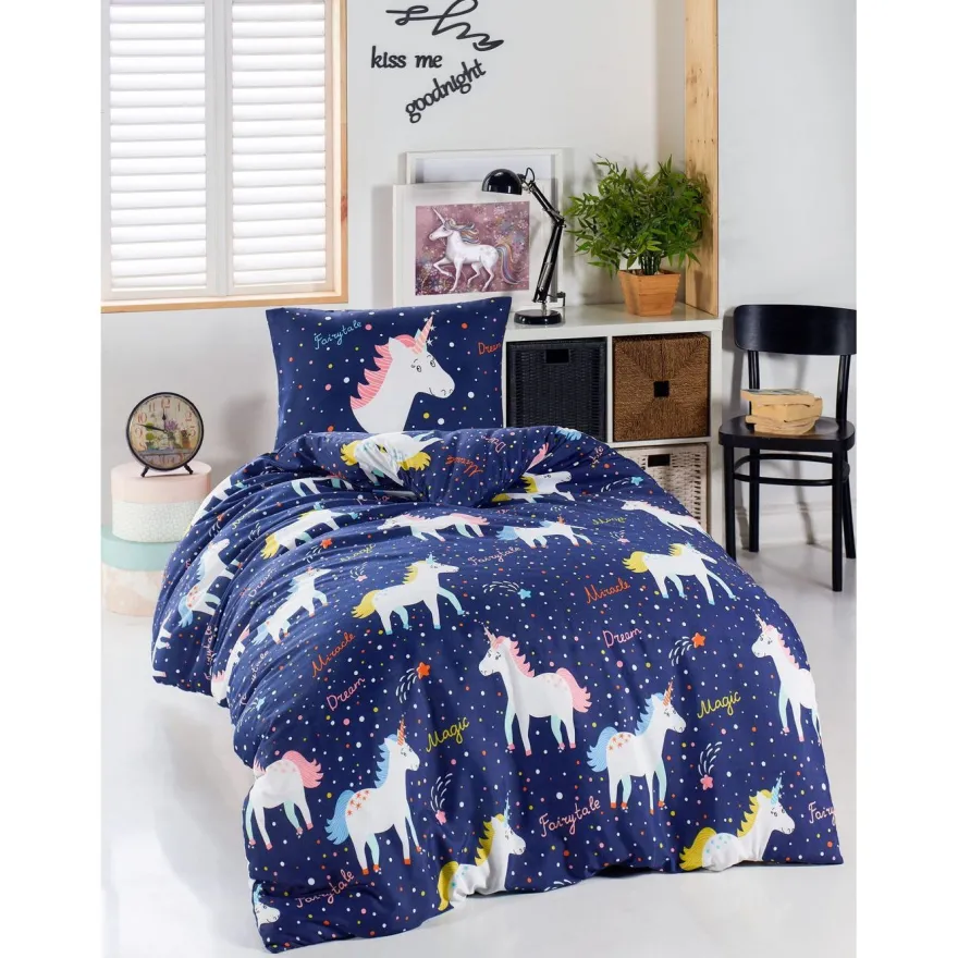Pussilakanasetti Linento Magic Unicorn, 140x200cm + 50x70cm, tummansininen