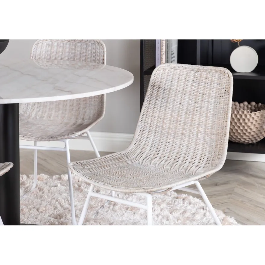 Pyöreä ruokailuryhmä Venture Home, Ø106cm valkoinen Estelle-pöytä + 4 valkoista Cirebon-tuolia