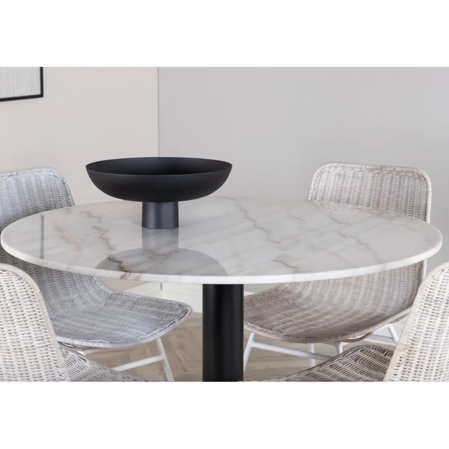 Pyöreä ruokailuryhmä Venture Home, Ø106cm valkoinen Estelle-pöytä + 4 valkoista Cirebon-tuolia
