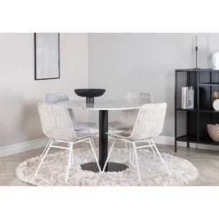 Pyöreä ruokailuryhmä Venture Home, Ø106cm valkoinen Estelle-pöytä + 4 valkoista Cirebon-tuolia