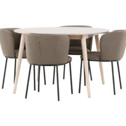 Pyöreä ruokailuryhmä Venture Home, Ø120cm vaalea Flora-pöytä + 4 Edina-tuolia