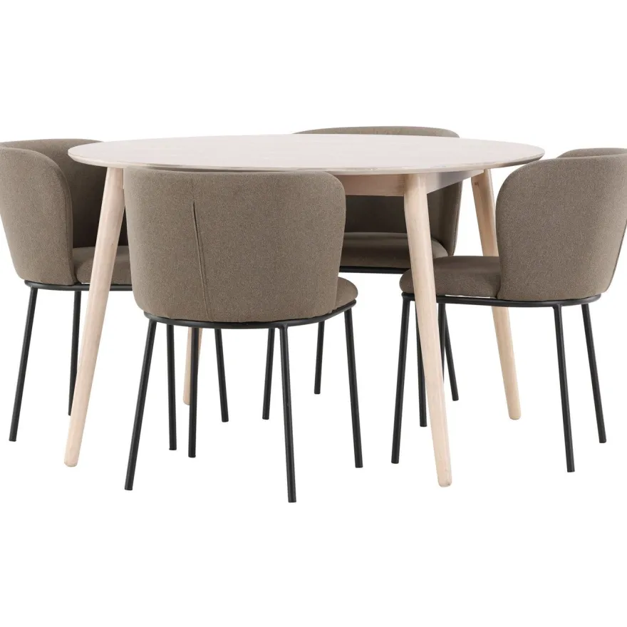 Pyöreä ruokailuryhmä Venture Home, Ø120cm vaalea Flora-pöytä + 4 Edina-tuolia