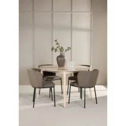 Pyöreä ruokailuryhmä Venture Home, Ø120cm vaalea Flora-pöytä + 4 Edina-tuolia