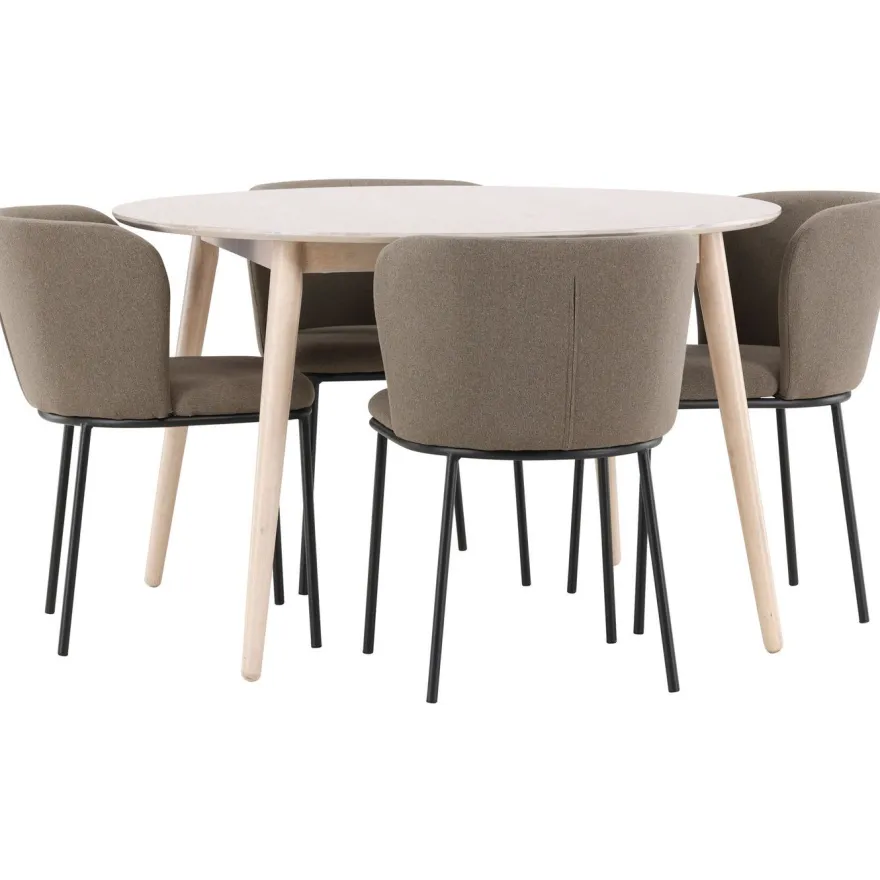 Pyöreä ruokailuryhmä Venture Home, Ø120cm vaalea Flora-pöytä + 4 Edina-tuolia