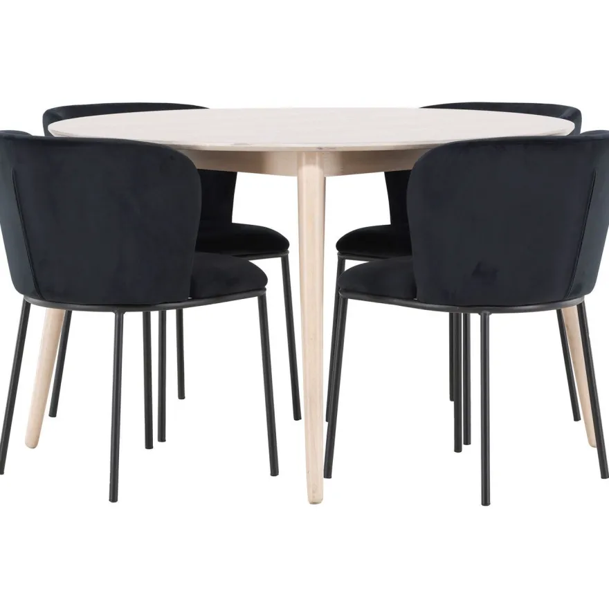 Pyöreä ruokailuryhmä Venture Home, Ø120cm vaalea Flora-pöytä + 4 Edina-tuolia