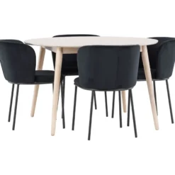 Pyöreä ruokailuryhmä Venture Home, Ø120cm vaalea Flora-pöytä + 4 Edina-tuolia