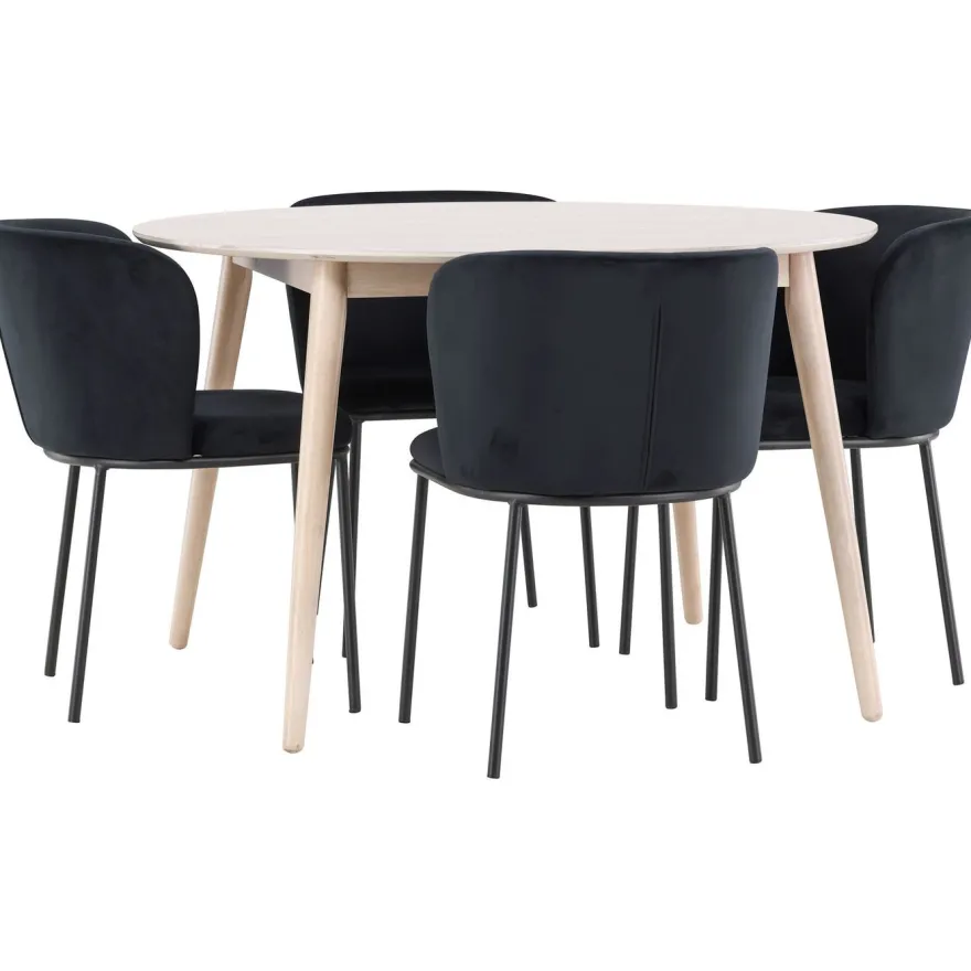 Pyöreä ruokailuryhmä Venture Home, Ø120cm vaalea Flora-pöytä + 4 Edina-tuolia