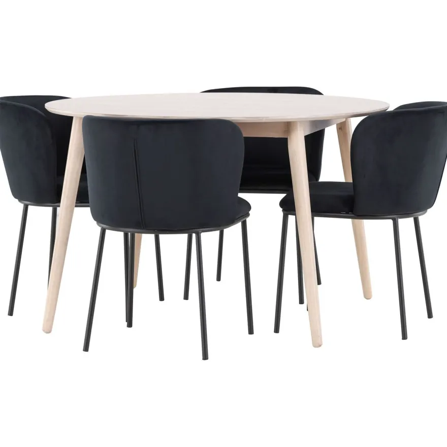 Pyöreä ruokailuryhmä Venture Home, Ø120cm vaalea Flora-pöytä + 4 Edina-tuolia