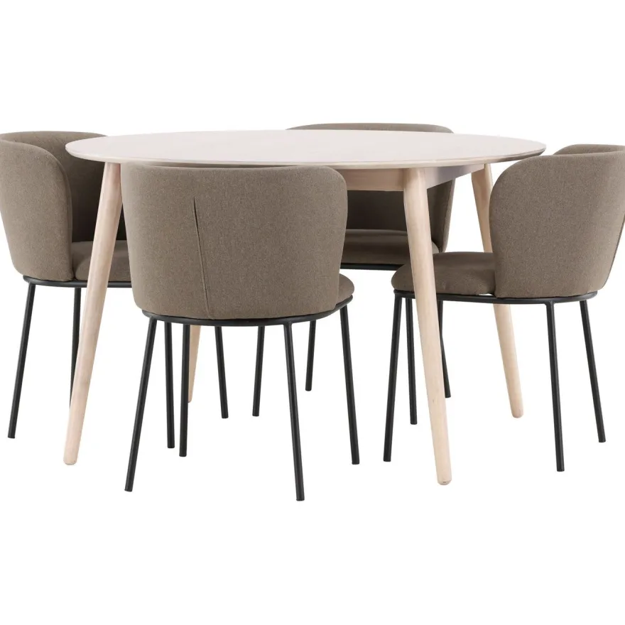 Pyöreä ruokailuryhmä Venture Home, Ø120cm vaalea Flora-pöytä + 4 Edina-tuolia