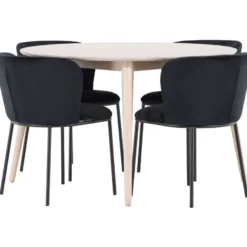 Pyöreä ruokailuryhmä Venture Home, Ø120cm vaalea Flora-pöytä + 4 Edina-tuolia