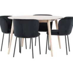 Pyöreä ruokailuryhmä Venture Home, Ø120cm vaalea Flora-pöytä + 4 Edina-tuolia