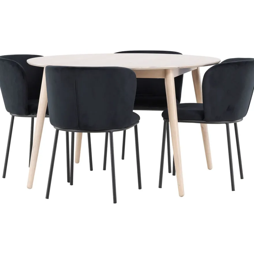 Pyöreä ruokailuryhmä Venture Home, Ø120cm vaalea Flora-pöytä + 4 Edina-tuolia