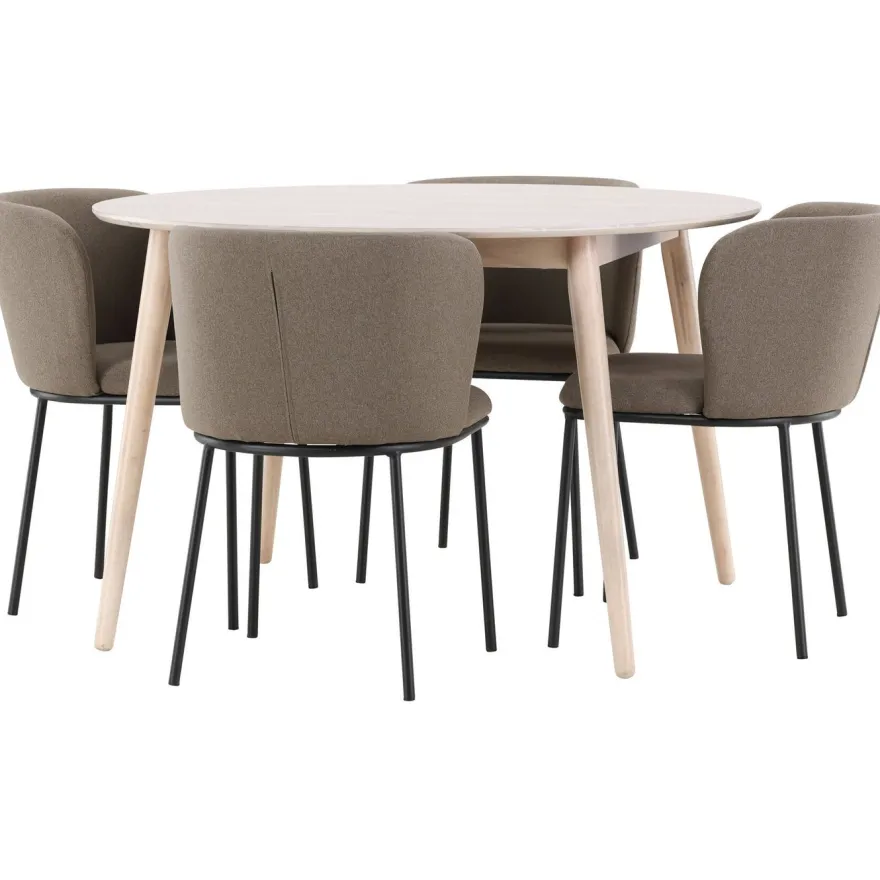 Pyöreä ruokailuryhmä Venture Home, Ø120cm vaalea Flora-pöytä + 4 Edina-tuolia