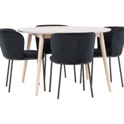 Pyöreä ruokailuryhmä Venture Home, Ø120cm vaalea Flora-pöytä + 4 Edina-tuolia