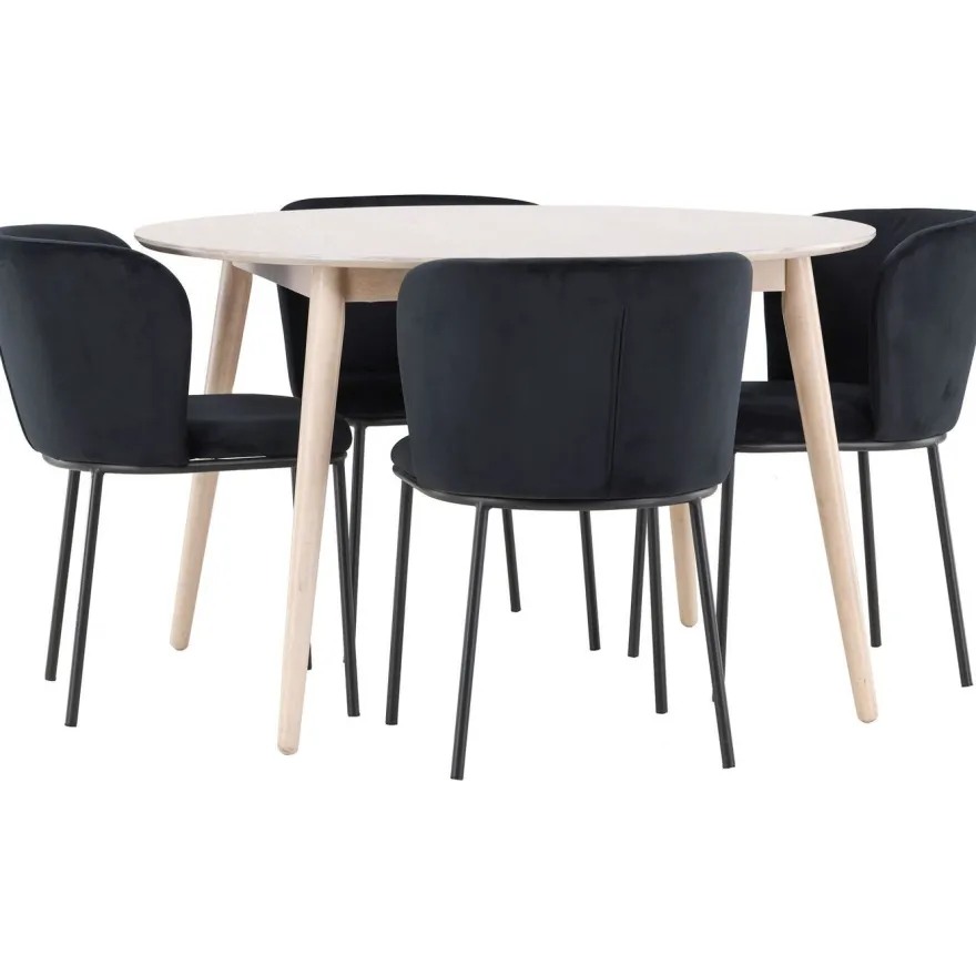 Pyöreä ruokailuryhmä Venture Home, Ø120cm vaalea Flora-pöytä + 4 Edina-tuolia