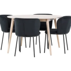 Pyöreä ruokailuryhmä Venture Home, Ø120cm vaalea Flora-pöytä + 4 Edina-tuolia