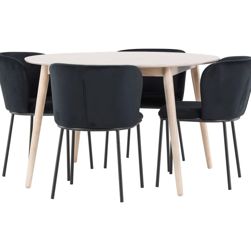 Pyöreä ruokailuryhmä Venture Home, Ø120cm vaalea Flora-pöytä + 4 Edina-tuolia