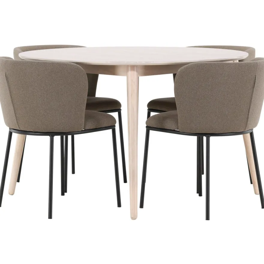 Pyöreä ruokailuryhmä Venture Home, Ø120cm vaalea Flora-pöytä + 4 Edina-tuolia