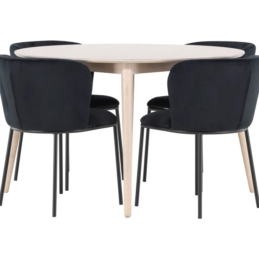 Pyöreä ruokailuryhmä Venture Home, Ø120cm vaalea Flora-pöytä + 4 Edina-tuolia