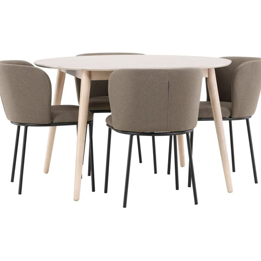Pyöreä ruokailuryhmä Venture Home, Ø120cm vaalea Flora-pöytä + 4 Edina-tuolia