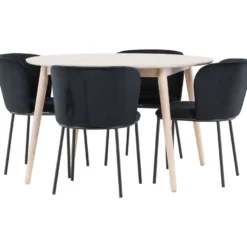 Pyöreä ruokailuryhmä Venture Home, Ø120cm vaalea Flora-pöytä + 4 Edina-tuolia
